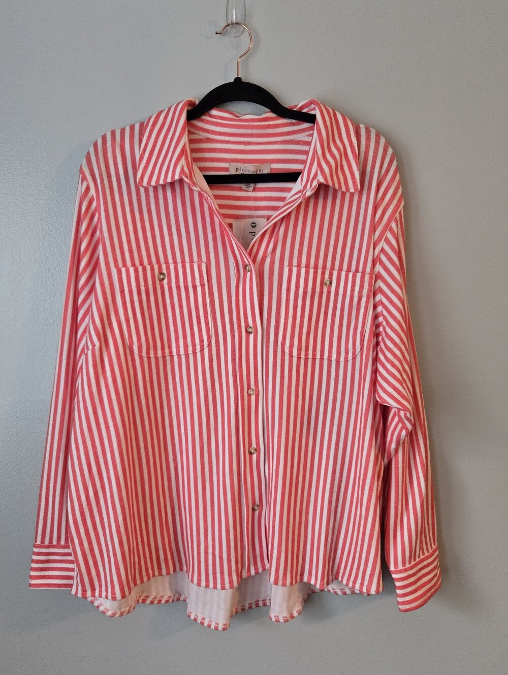 NWT Philosophy Stripe Button Down Shirt Plus 1X 2X Pink White Long Sleeve Blouse